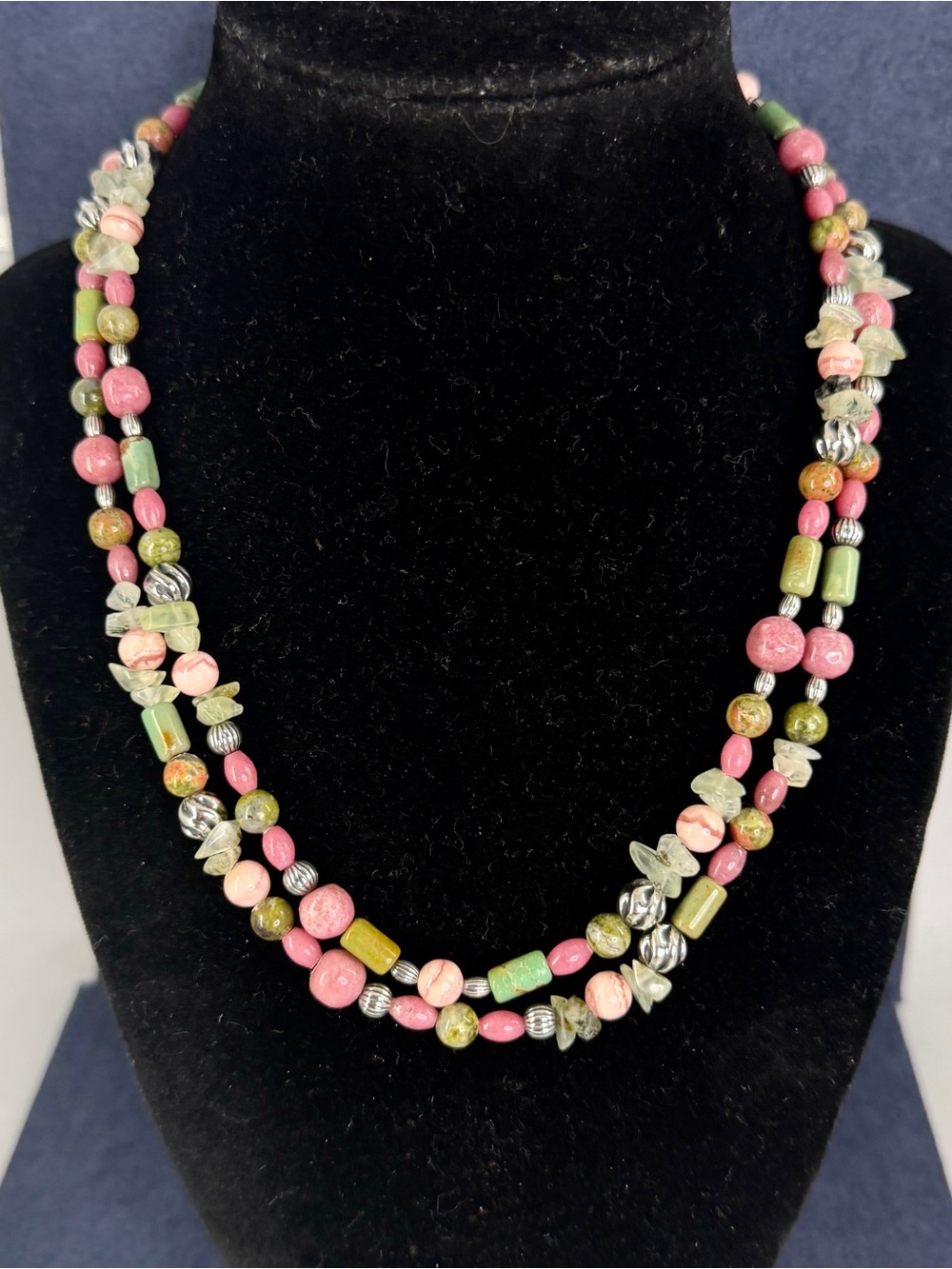 CAROLYN POLLACK Sterling Silver Pink Green Rhodonite Jasper Unakite Necklace - Picture 2 of 9